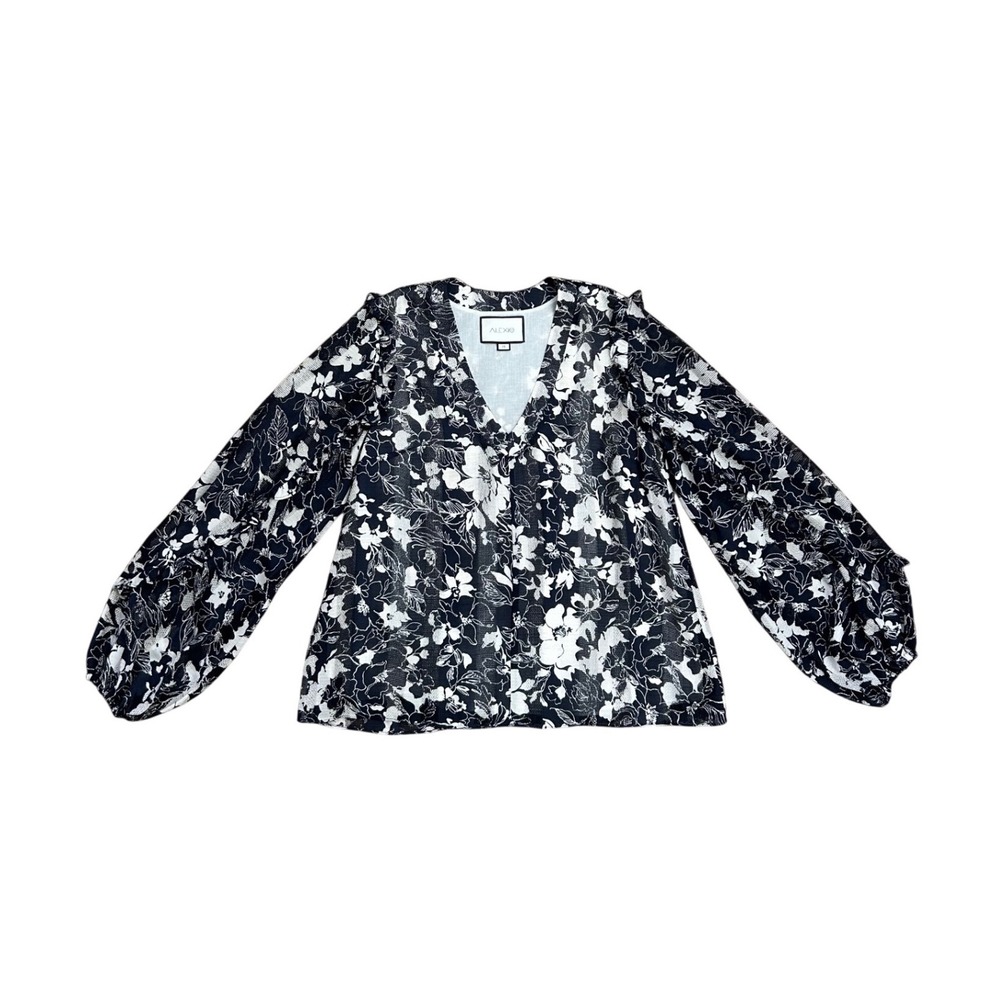 Alexis Black White Floral V-Neck Balloon Sleeve Ruffle Blouse Medium boho preppy
